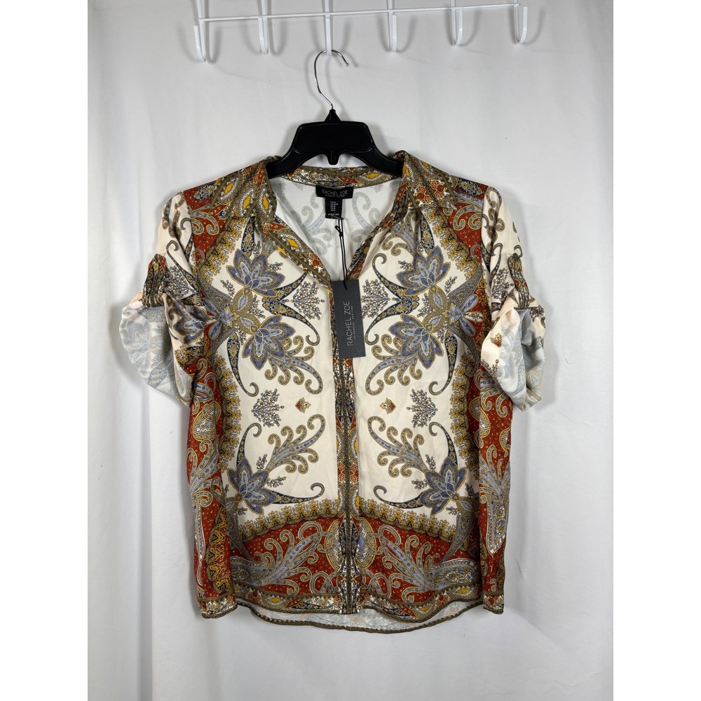 Rachel Zoe Womens Paisley Print Button Up Blouse Short Sleeve Cream Rust M